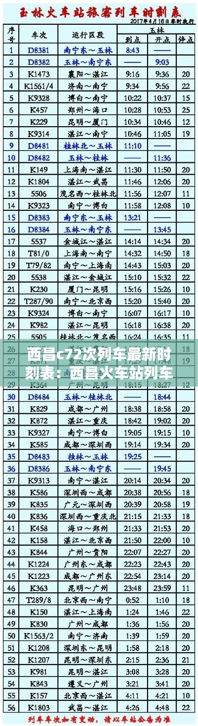 西昌c72次列车最新时刻表：西昌火车站列车时刻表 