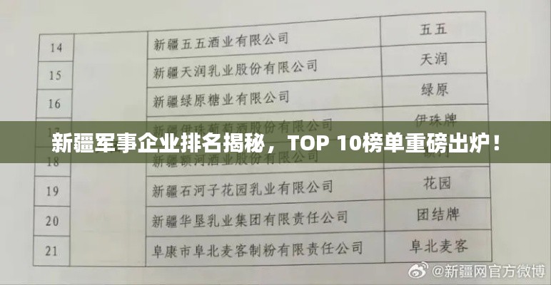 新疆军事企业排名揭秘，TOP 10榜单重磅出炉！