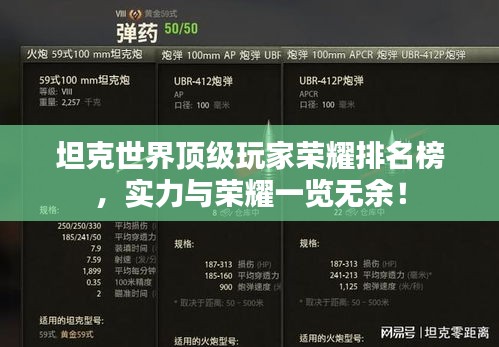坦克世界顶级玩家荣耀排名榜，实力与荣耀一览无余！