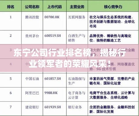 东宁公司行业排名榜，揭秘行业领军者的荣耀风采！