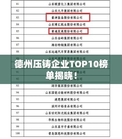 德州压铸企业TOP10榜单揭晓！