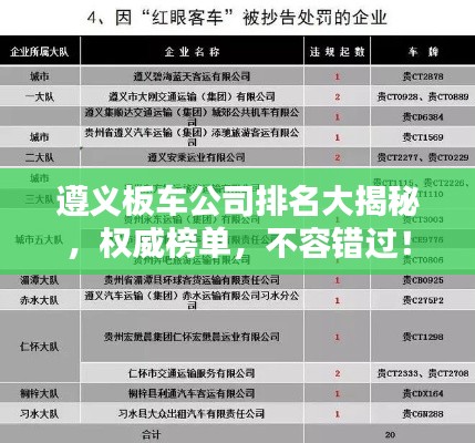 遵义板车公司排名大揭秘，权威榜单，不容错过！